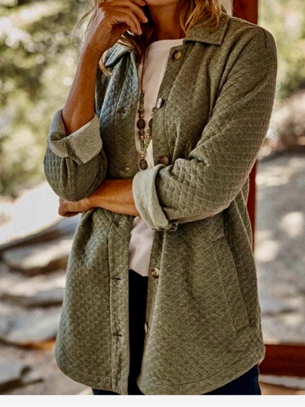 J. Jill Quilted Olive Green Button-Front Shacket